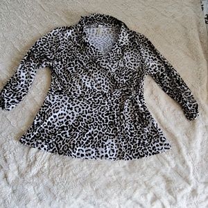 Leopard print, faux wrap, knit top.
